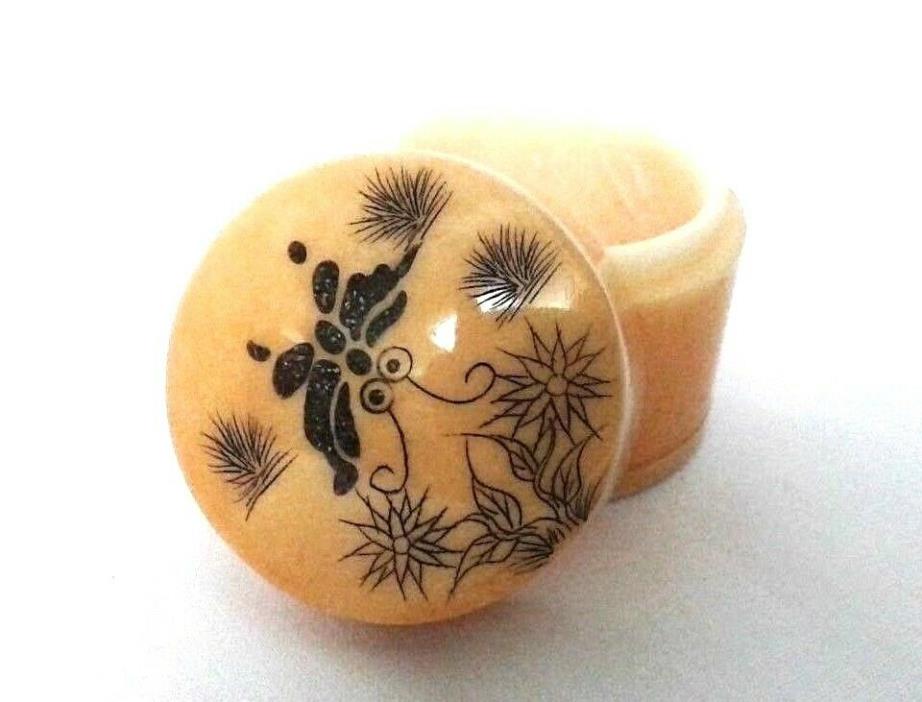 TAGUA NUT VEGETABLE IVORY TRINKET BOX WITH BUTTERFLY & FLOWERS ETCHING 1990s