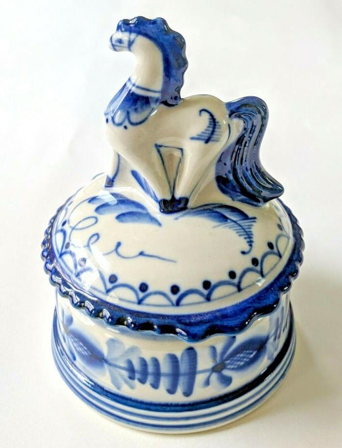 Gzhel Russian Porcelain Hand Painted Delft Style Blue White Horse Trinket Box