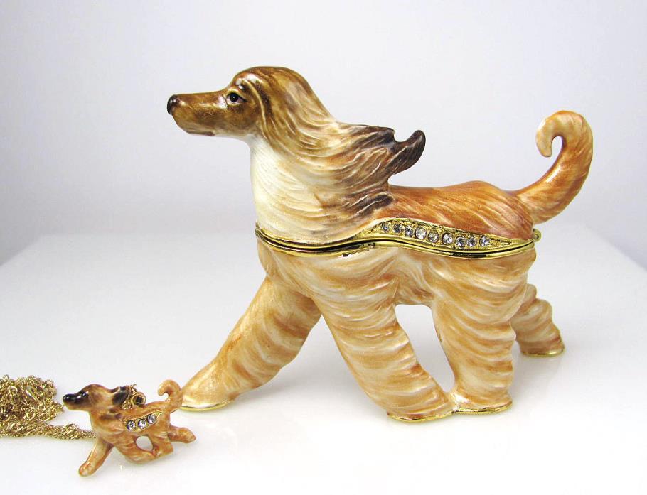 KINGSPOINT AFGHAN HOUND DOG FINE ENAMEL CRYSTAL TRINKET BOX w pendant necklace