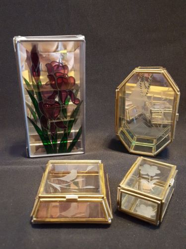 Vintage Stained Glass Etched Trinket Jewelry Box Iris Flower Pattern Bird LOT/4