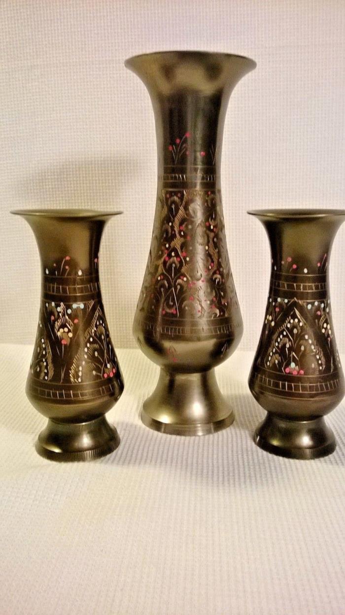 Brass Beautiful Trio Solid  Etched Hand Painted Vase Colored Design