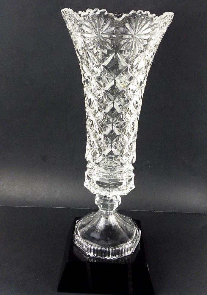 Clear Glass Diamond Cut Vase Black Marble Base Pedestal Heavy Huge Large Tall