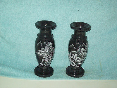 Older Pair Of Landscape & Seascape Design Marble Vases    w/ Asian Mark