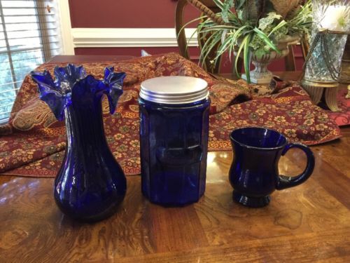 VINTAGE COBALT BLUE VASE WITH RUFFLED EDGE, Canister & Cup