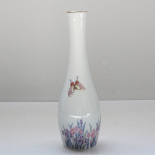 Vintage Porcelain Asahi Japanese Pink and Purple Iris with Butterfly Bud Vase