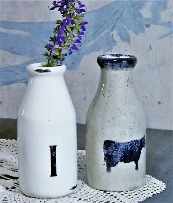 Vases/Jars/Milk Bottle Shape/Ceramic/Whie/Blue/Cow/Country/FarmHouse Chic/ 2