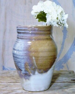 Vase/Pot/Hand Thrown/Art Pottery/White/Brown/Blue/Signed/BoHo Chic