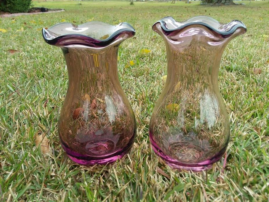 Pair Purple Glass Fluted Vases 7.5