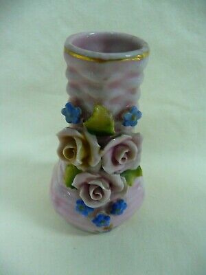 Vintage Pink Basket Weave Ceramic Bud Vase With Attached Flowers 3.5