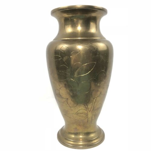 Solid Brass Round Vase With Flower Etching Made In Hong Kong Vintage Decor