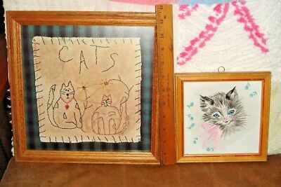 VTG TILE FRAMED EMBROIDERED KITTEN PICTURE ANNIE KATZ DISH COASTER CAT LOVER LOT