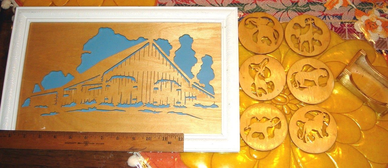 VTG MCM CUT OUT WOOD LAZER ART WHITE FRAMED BARN PICTURE ANIMAL COASTER LOT 8pc!