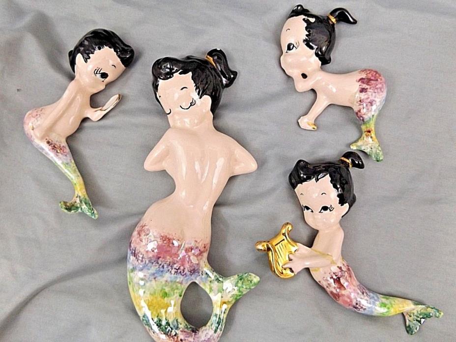 Vintage Mermaid Mid Century Ceramic Painted Glazed Wall Hanging Set of Four
