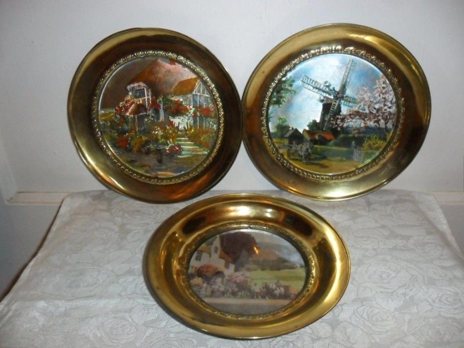 Vintage Grouping Of Three Solid Brass Plates W Foil Lithograph Scenes - England