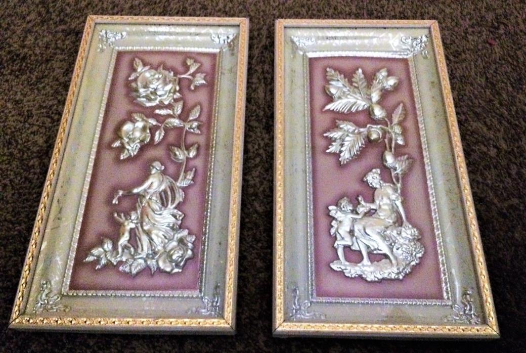 2- Metalcraft Four Seasons 3D Wall Hanging 1950s Wall Decor Pictures roses acorn