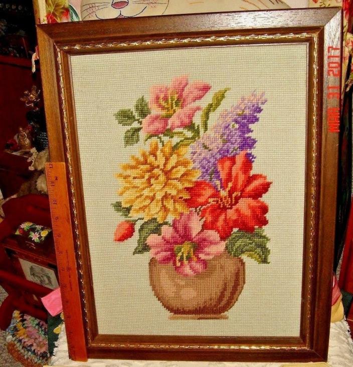 VTG VICTORIAN FRENCH COUNTRY COTTAGE FLORAL FLOWER NEEDLEPOINT FRAMED PICTURE