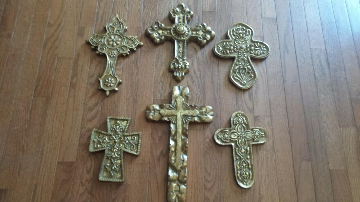 (6) LARGE GOLDEN HEAVY PLASTER / CHALKWARE  DECORATIVE CROSSES WALL HANGINGS