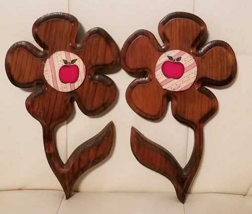 Pair Set of Vintage Wooden Flowers w apples Wall Decor retro country