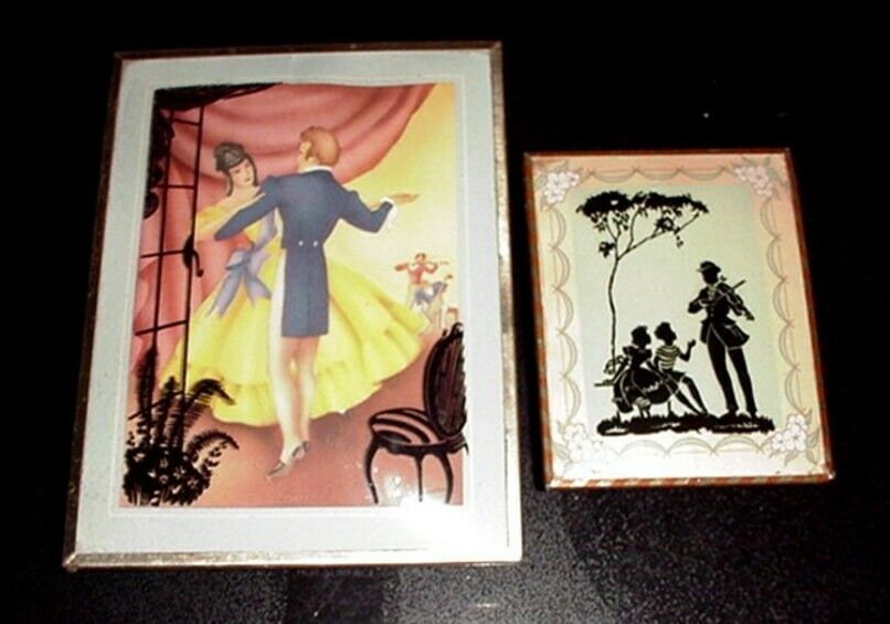 2 Vintage Reverse Painted Convex Glass Silhouette Picture