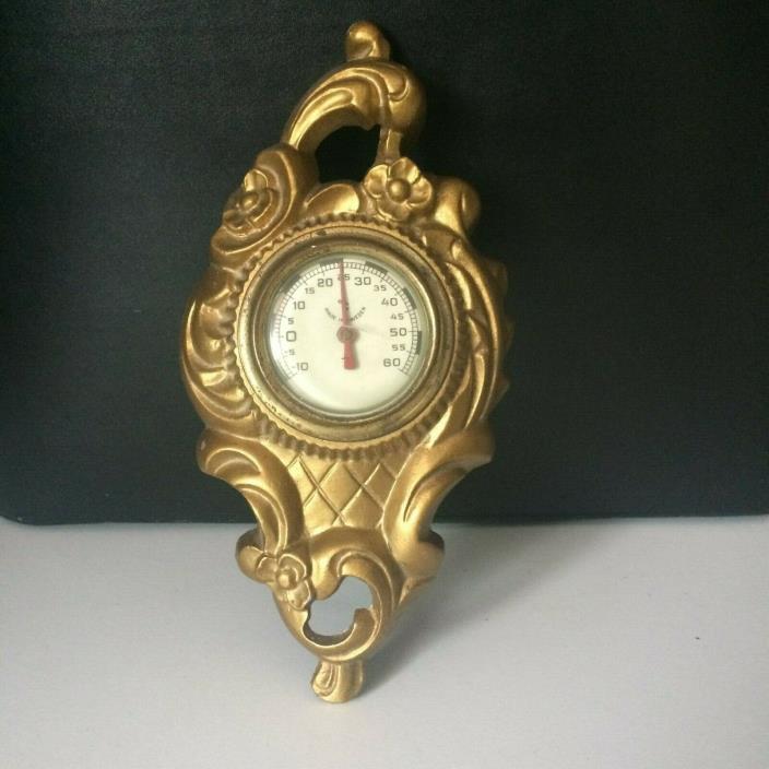 Vintage 50s-60s Swedish Ornate Rokoko Gold Metal Celsius Thermometer Wall Hangin