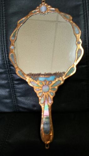 Elegant Large Stain Glass hand made hanging hand mirror - swans- 6