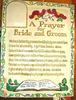 VTG WEDDING BRIDE GROOM BIBLE PRAYER CHALKWARE PLAQUE SALT PEPPER SHAKER LOT 3!!
