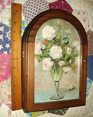 VTG FRENCH COUNTRY COTTAGE ROMANCE FLORAL GLASS WALNUT STAINED NECKLACE CABINET