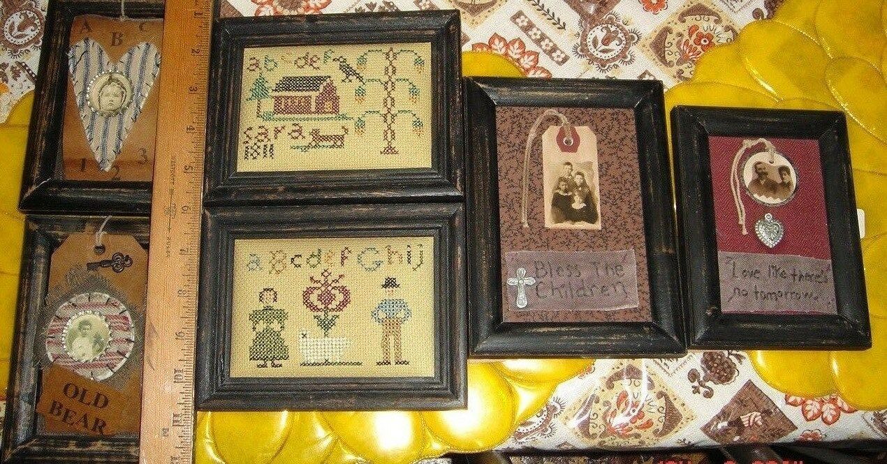 VTG PRIMITIVE COUNTRY COTTAGE FARM NEEDLEPOINT FRAMED PICTURE WALL GROUP LOT 10!