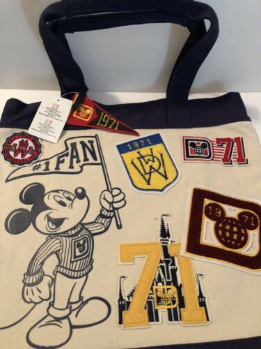 Walt Disney World Mickey Mouse Embroidered Varsity Canvas Tote Bag New With Tags