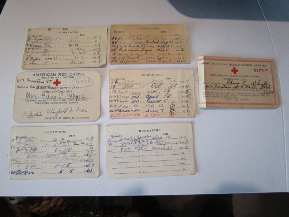 Lot Of Vintage WWII Red Cross  Army and Navy Blood Donor Cards 1940s