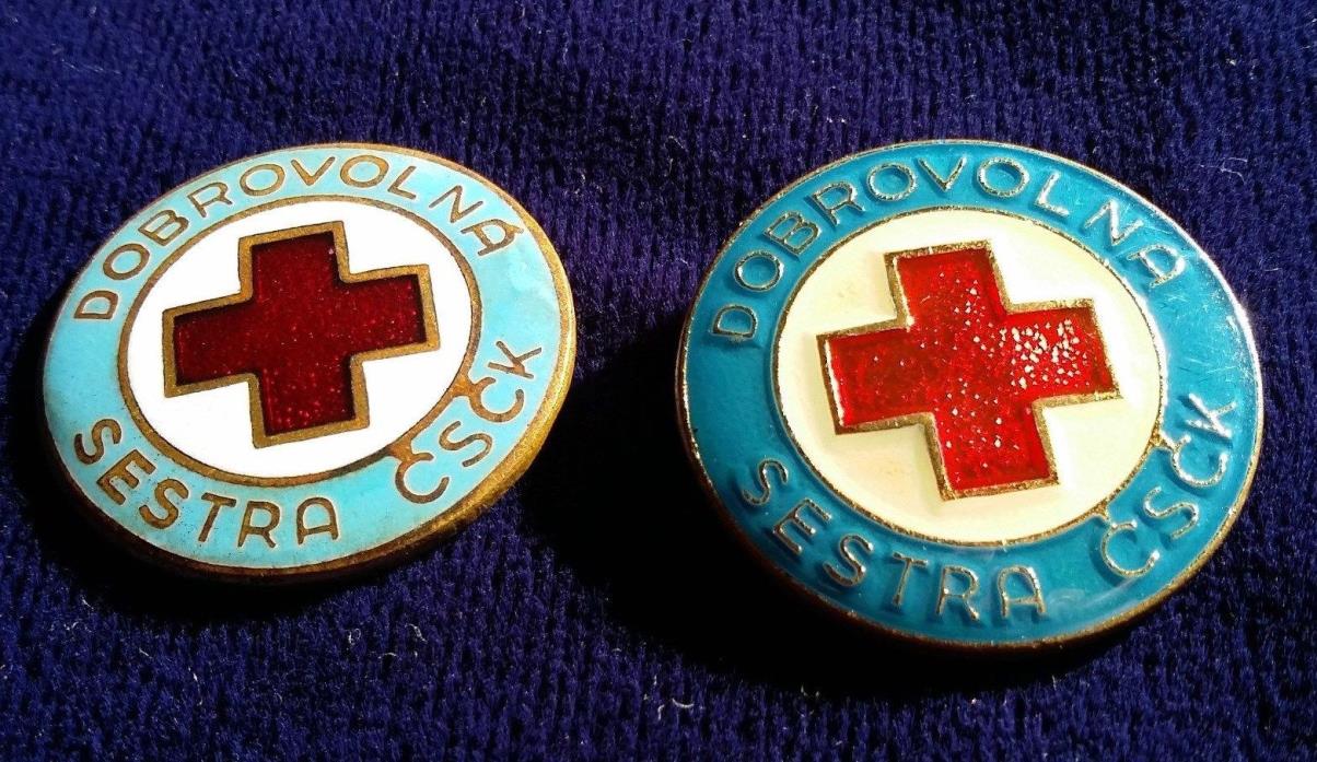 2 Vintage Red Cross Pin Dobrovolna Czechoslavakia Sestra CSCK Nurse READ