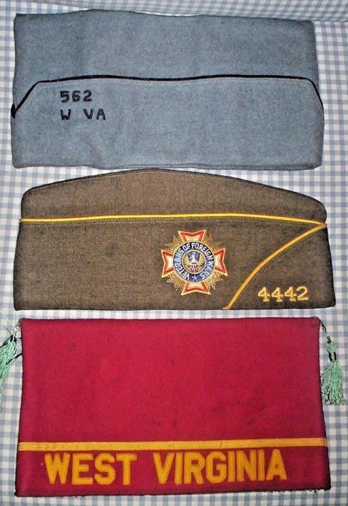 3 Vintage West Virginia Veterans Military Wool Hats, Side Caps, VFW4442,WV562
