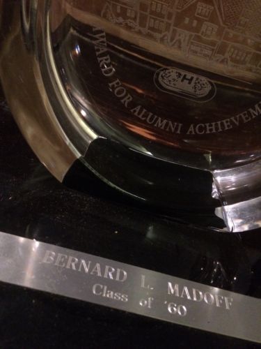 Bernard L. Madoff Alumni Achievement Award from Hofstra University, with FBI tag