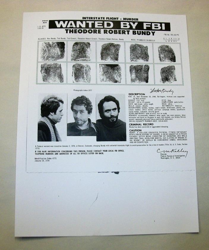 FBI Wanted Poster Print - Ted Bundy with Fingerprints