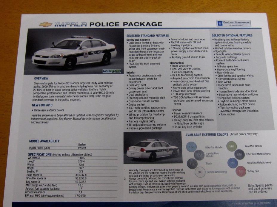 2010 CHEVROLET IMPALA  POLICE CAR 1-PAGE COLOR BROCHURE  PURSUIT VEHICLE