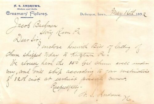 DUBUQUE IOWA DAIRY CREAMERY ANTIQUE AUTOGRAPH SIGNED ADVERTISING LETTER 1892