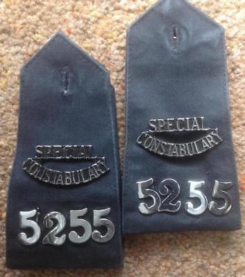 British  POLICE  Special Constable. Black cloth Epaulettes with METAL  numbers