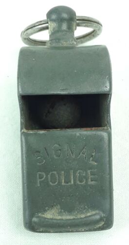 RARE ANTIQUE STEEL POLICE WHISTLE WITH CORK BALL MARKED SIGNAL POLICE GERMANY