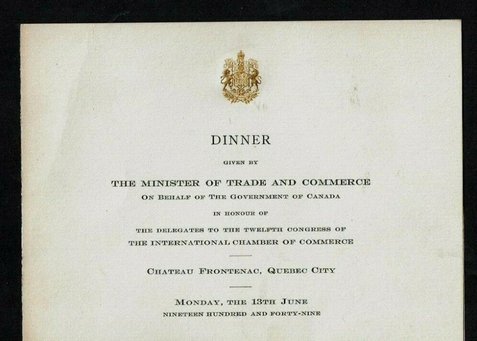 1949 CANADA Official Dinner Invitation MINISTER OF TRADE AND COMMERCE-