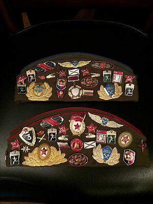 Lot of 2 Russian-Soviet Wool Gabardine Pilotka Hats w/ Pins/Patches/Insignia