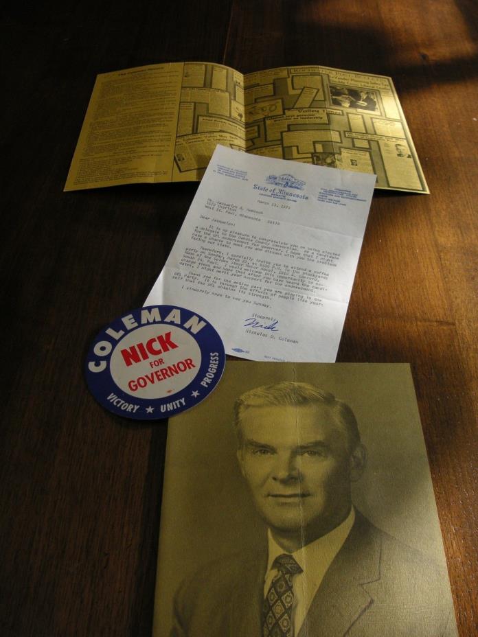 Nick for Governor Sticker 2 Nicholas D. Coleman brochures & letter dated 3/13/70