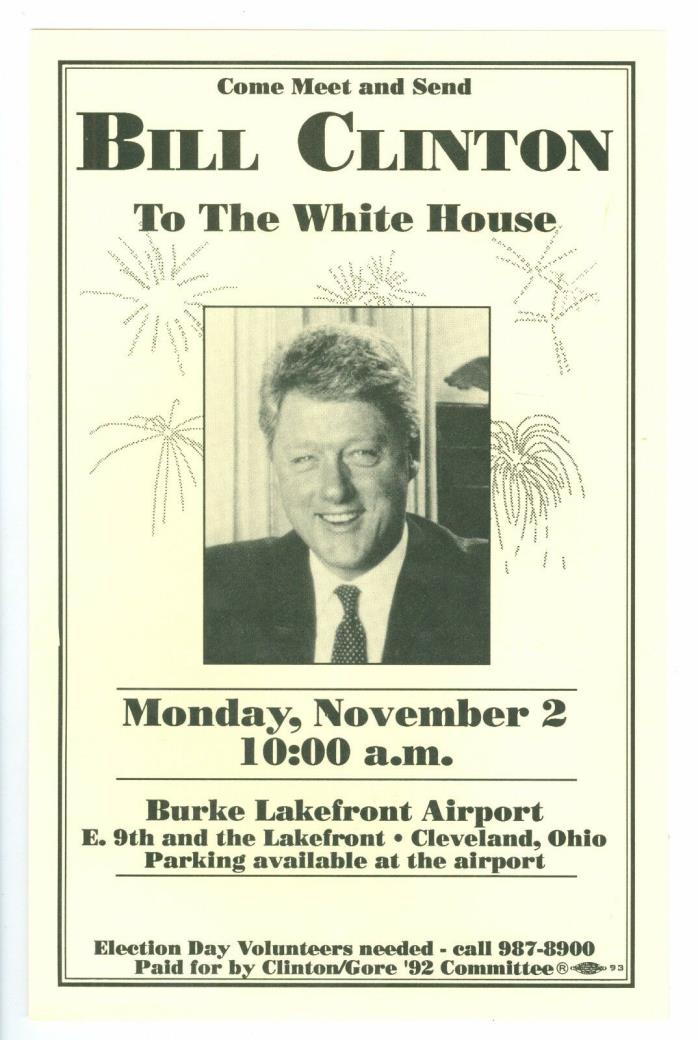 Original Nov 2, 1992 Meet Governor Bill Clinton Rally at Cleveland, Ohio Flyer