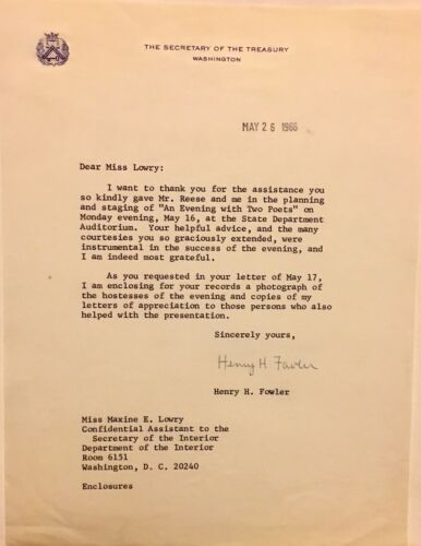 Henry H Fowler Treasury Signed Original Letter