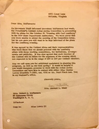 Rare Carbon Copy Of Letter To Mrs Robert McNamara Signed From Stewart Udall