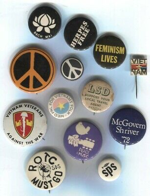 VIETNAM WAR Protest Campaign Button Collection Peace SDS LSD Woodstock BACH MAI