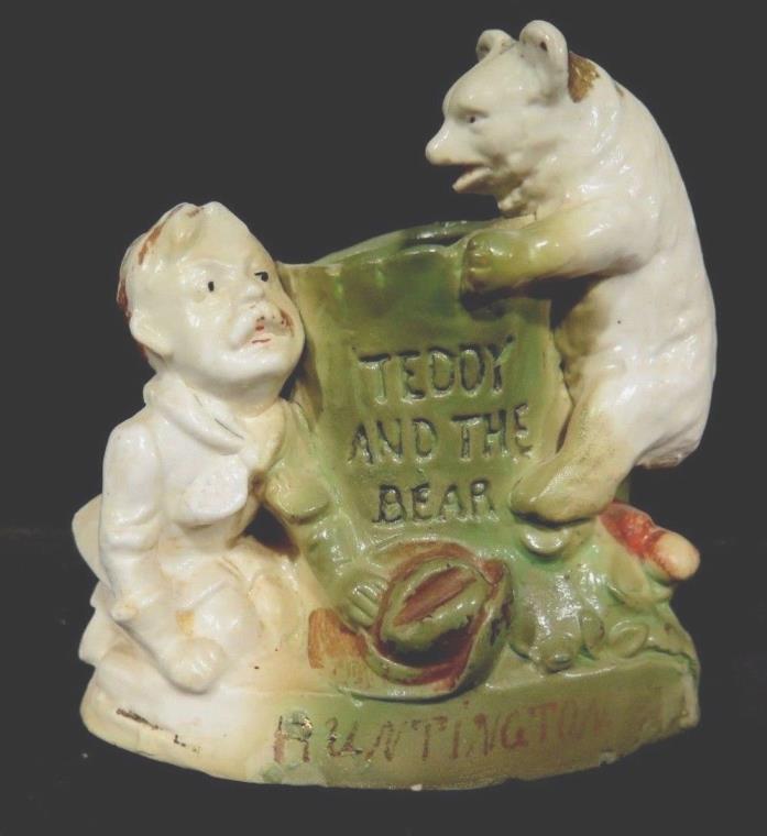 Antique Match Safe HOLDER PRESIDENT Teddy Roosevelt & THE BEAR GERMANY PORCELAIN