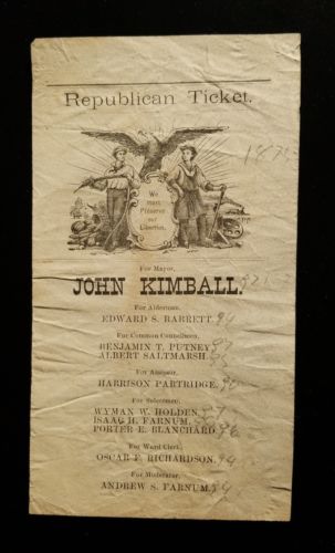 1875 Concord, NH Republican Election Ticket ~ Mayor ~ John Kimball