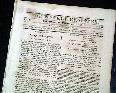 WAR OF 1812 Early on w/ President John Adams in Baltimore Maryland MD Newspaper