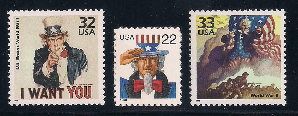UNCLE SAM - SET OF 3 U.S. POSTAGE STAMPS - WWI & WWII POSTERS - MINT CONDITION