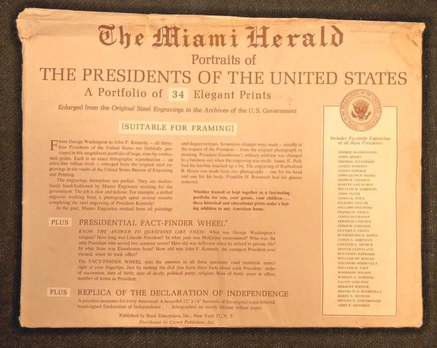 1961 MIAMI HERALD Portraits of The Presidents, A Portfolio of 34 Elegant Prints